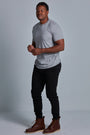 ONNO bamboo t-shirt in Heathered Granite Unpatched, Golden is 6'0" and wearing size L.