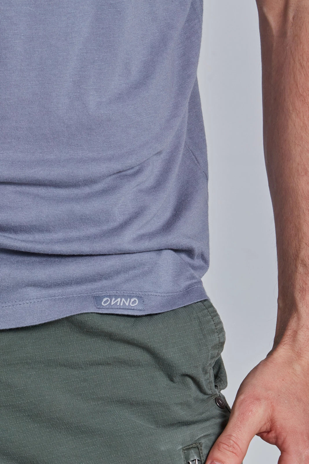 ONNO bamboo t-shirt in Stone, Nic is 5'11" and wearing size M.