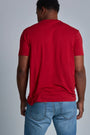 ONNO bamboo t-shirt in Earth Red, Golden is 6'0" and wearing size L.