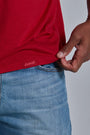 ONNO bamboo t-shirt in Earth Red, Golden is 6'0" and wearing size L.