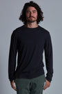 ONNO long sleeve bamboo t-shirt in Charcoal Blue Unpatched, Nic is 5'11" and wearing size M.