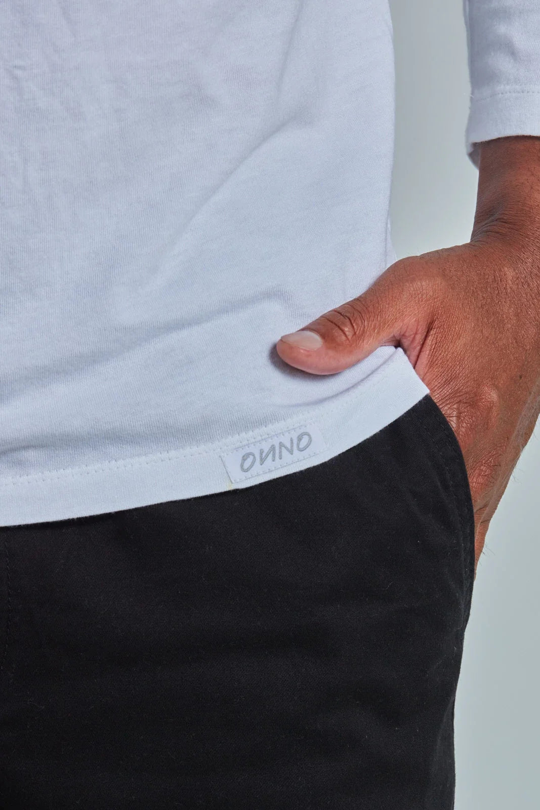 ONNO long sleeve bamboo t-shirt in White, Golden is 6'0" and wearing size L.