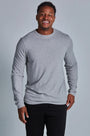 ONNO long sleeve bamboo t-shirt in Heathered Granite, Golden is 6'0" and wearing size L.