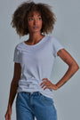 ONNO bamboo t-shirt in White, Sage is 5'7" and wearing size XS.
