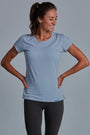 ONNO bamboo t-shirt in Sky Blue, Christina is 5'9" and wearing size S.