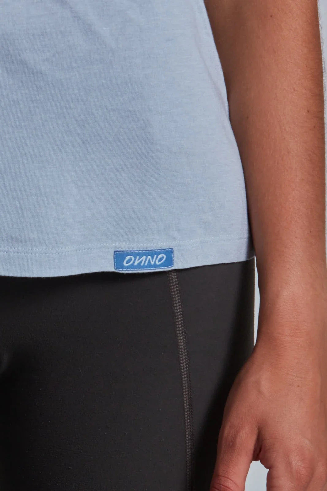 ONNO bamboo t-shirt in Sky Blue, Christina is 5'9" and wearing size S.