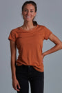 ONNO bamboo t-shirt in Rust, Christina is 5'9" and wearing size S.