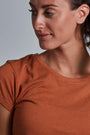 ONNO bamboo t-shirt in Rust, Christina is 5'9" and wearing size S.