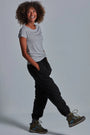 ONNO bamboo t-shirt in Heathered Granite, Sage is 5'7" and wearing size XS.