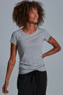 ONNO bamboo t-shirt in Heathered Granite, Sage is 5'7" and wearing size XS.