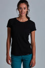ONNO bamboo t-shirt in Black, Christina is 5'9" and wearing size S.