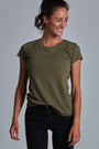 ONNO bamboo t-shirt in Charcoal Blue, Sage is 5'7" and wearing size XS.