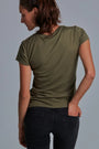 ONNO bamboo t-shirt in Charcoal Blue, Sage is 5'7" and wearing size XS.