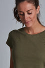 ONNO bamboo t-shirt in Charcoal Blue, Sage is 5'7" and wearing size XS.
