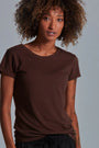 ONNO bamboo t-shirt in Espresso, Sage is 5'7" and wearing size XS.