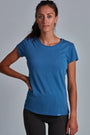 ONNO bamboo t-shirt in Sea Blue, Christina is 5'9" and wearing size S.