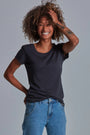 ONNO bamboo t-shirt in Charcoal Blue, Sage is 5'7" and wearing size XS.