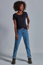 ONNO bamboo t-shirt in Charcoal Blue, Sage is 5'7" and wearing size XS.