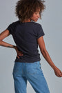 ONNO bamboo t-shirt in Charcoal Blue, Sage is 5'7" and wearing size XS.