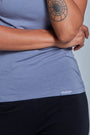 ONNO long sleeve bamboo t-shirt in Stone, Sage is 5'7" and wearing size XS.