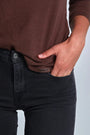 ONNO long sleeve bamboo t-shirt in Espresso, Christina is 5'9" and wearing size S.