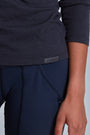 ONNO long sleeve bamboo t-shirt in Charcoal Blue, Christina is 5'9" and wearing size S.