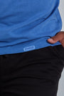 ONNO lyocell bamboo t-shirt in Blue Ink, Golden is 6'0" and wearing size L.