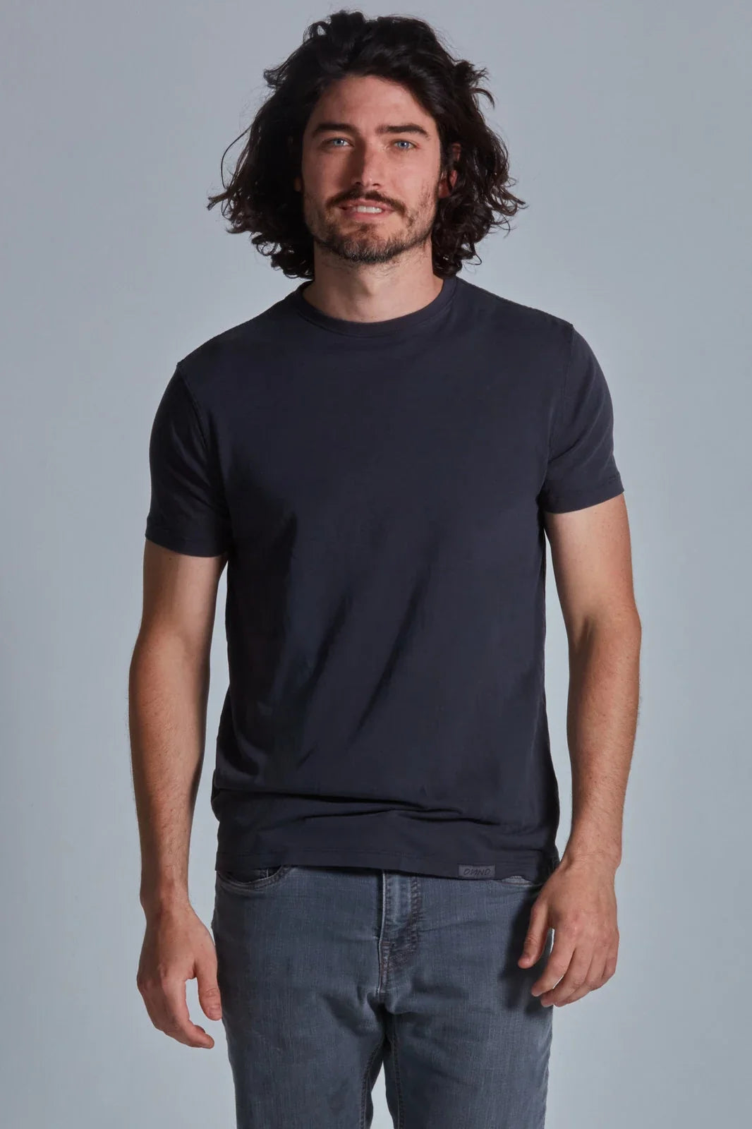 ONNO lyocell bamboo t-shirt in Charcoal Blue, Nic is 5'11" and wearing size M.