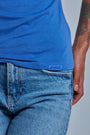 ONNO beechwood t-shirt in Sea Blue, Sage is 5'7" and wearing size XS.